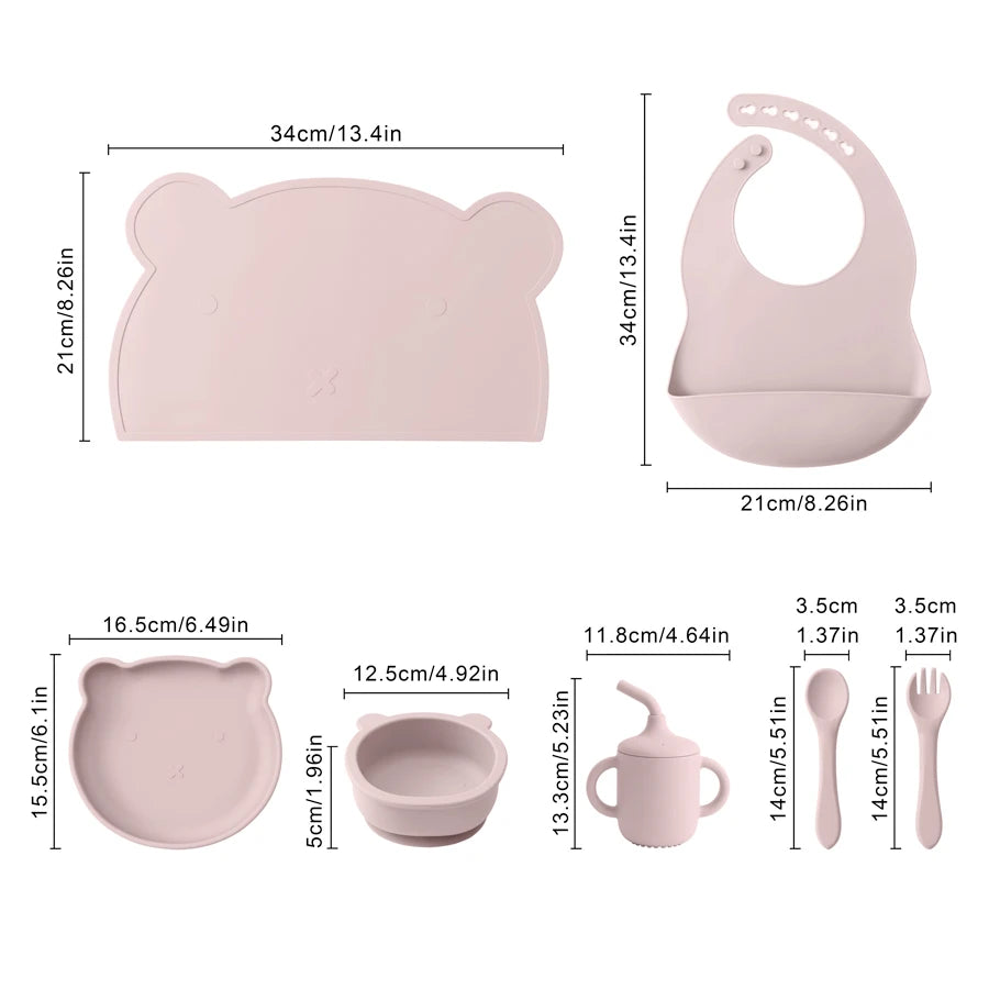 7PCS Silicone Baby Feeding Set - Waterproof Bib, Suction Plate, Bowl, Sippy Cup, & Utensils