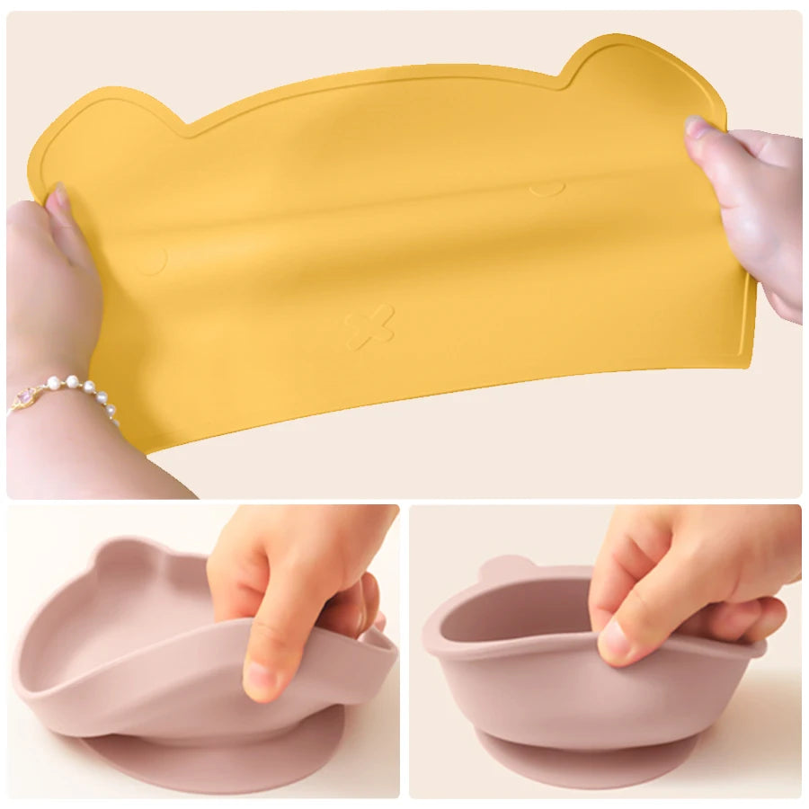 7PCS Silicone Baby Feeding Set - Waterproof Bib, Suction Plate, Bowl, Sippy Cup, & Utensils