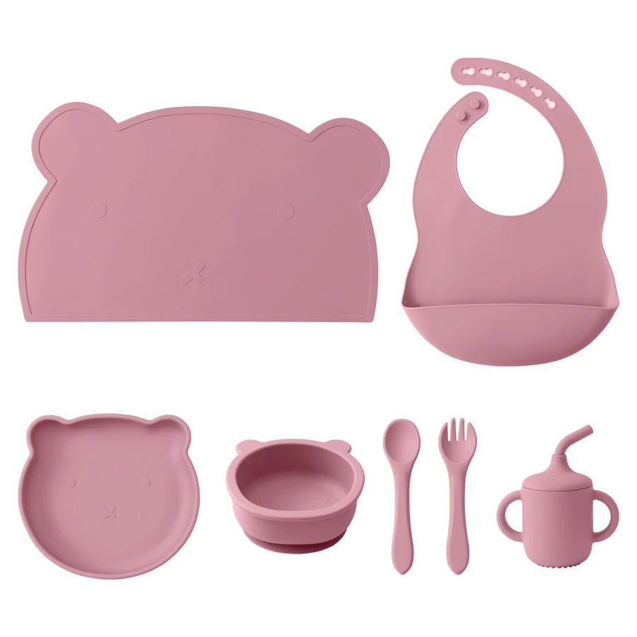 7PCS Silicone Baby Feeding Set - Waterproof Bib, Suction Plate, Bowl, Sippy Cup, & Utensils